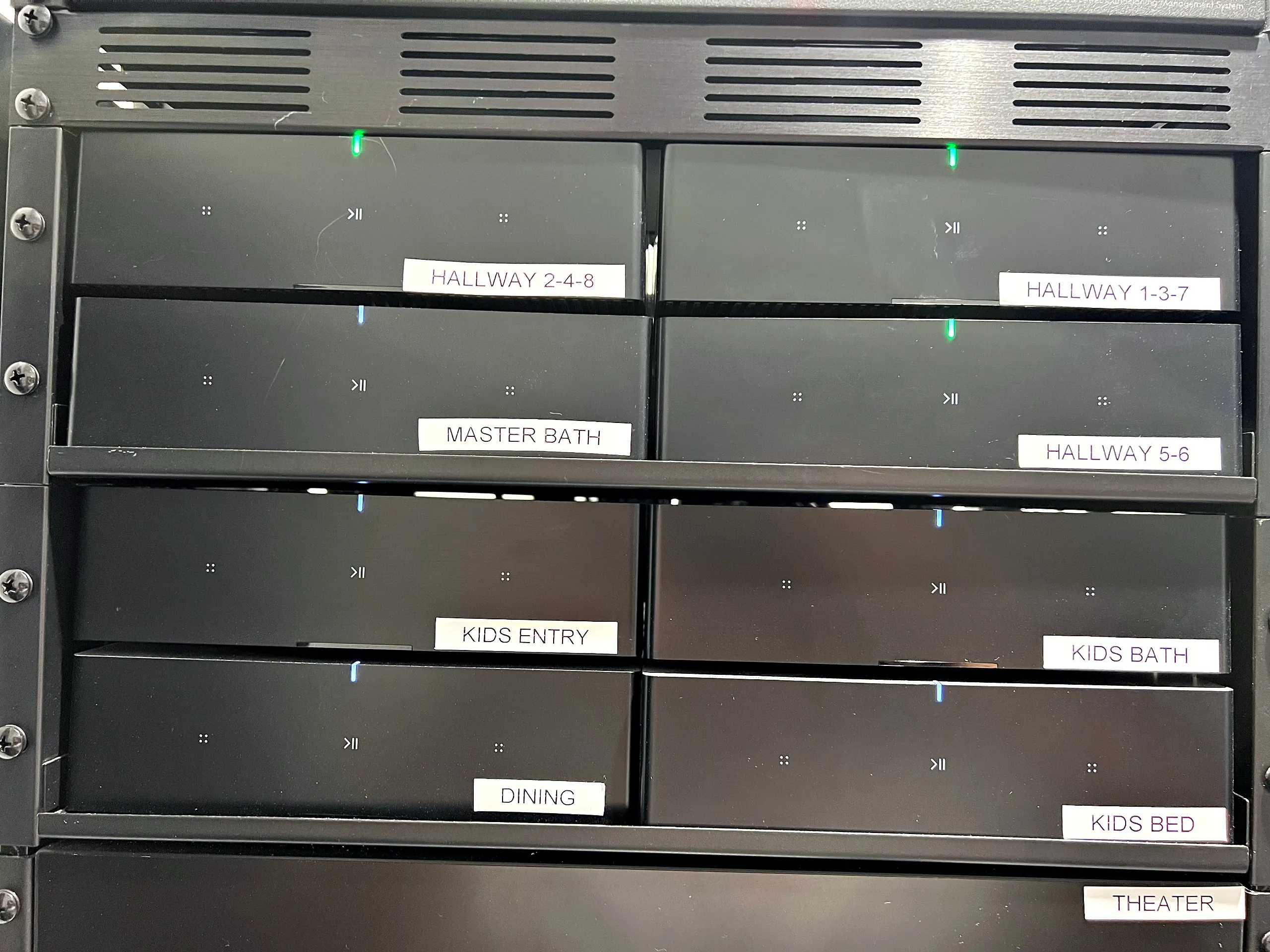 Lighting control panels labeled by room