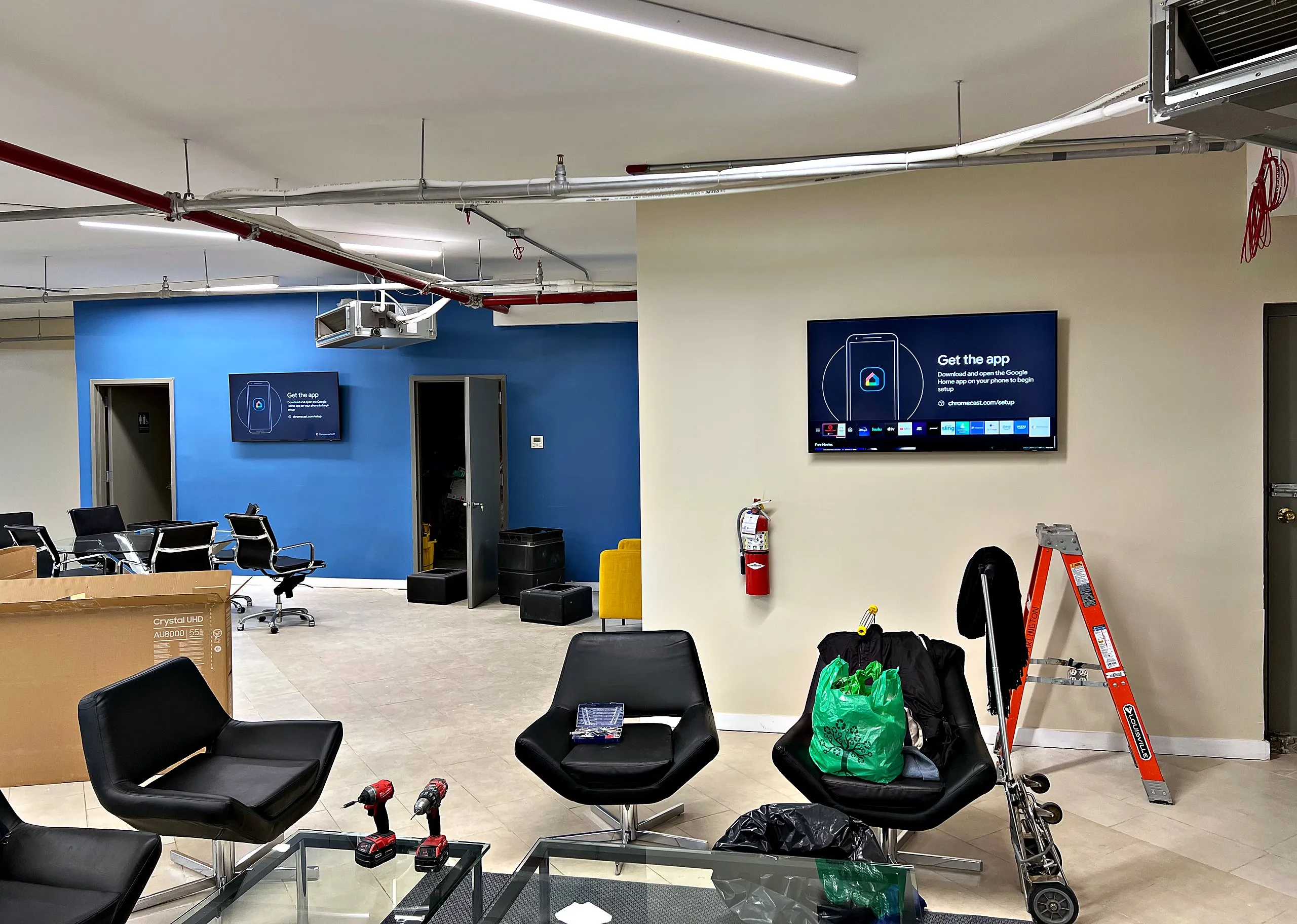 Office lobby with wall-mounted displays